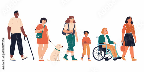 Diverse group of people with disabilities and a service dog walking together
