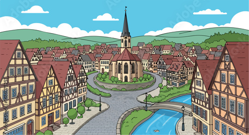 Idyllic European Townscape Featuring Traditional Half-Timbered Buildings and a Picturesque River, all in a Captivating Cartoon Style