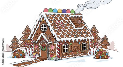 Charming gingerbread house scene with candy decorations and whimsical smoke trail evoking a festive holiday spirit