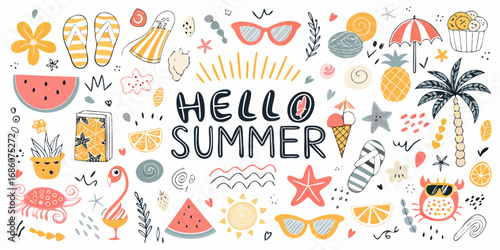 Hello summer greeting with fun doodles of beach items and tropical elements