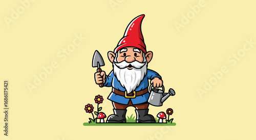 Whimsical garden gnome illustration with gardening tools and flora showcasing detailed character design and vibrant colors bringing joy and charm