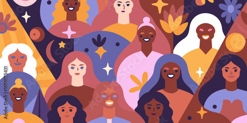 Diverse group of women with various skin tones and hairstyles celebrating together in a colorful abstract background