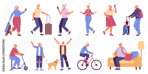 Diverse group of active seniors enjoying various activities and travel with a dog and on furniture