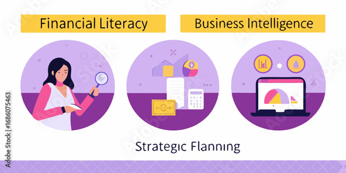 Financial literacy business intelligence and strategic planning concepts illustrated with icons and graphics