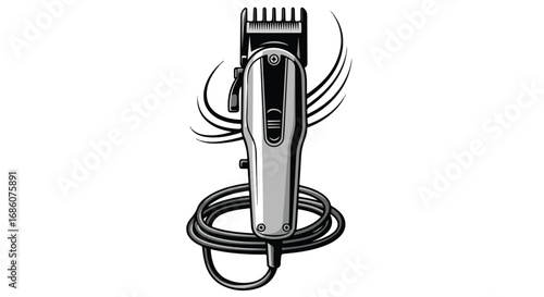 Stylized depiction of an electric hair clipper with cord and decorative swirls barber tool illustration in monochrome with strong linework and shading