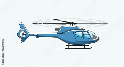 Illustration of a blue helicopter with rotating blades against a light background showcases aerial transport and minimalistic design style