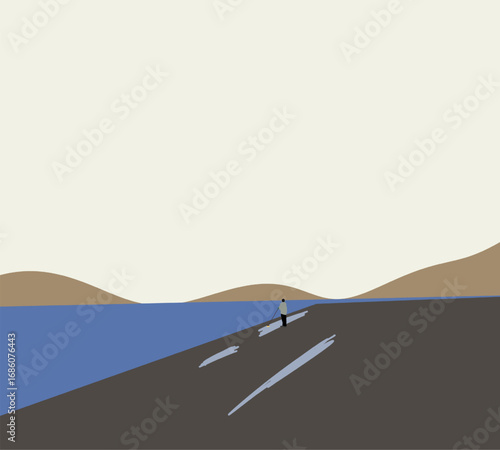 Man cleaning wet floor near calm lake with mountain landscape view. Worker street cleaner industry. Minimal art design.