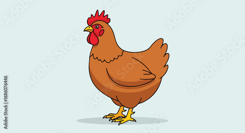 Animated Brown Hen Illustration with Red Comb, Standing Calmly on a Light Blue Background Portraying Agricultural Symbolism