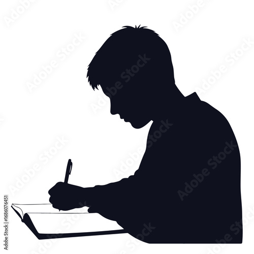 Silhouette of a young student writing in a notebook.
