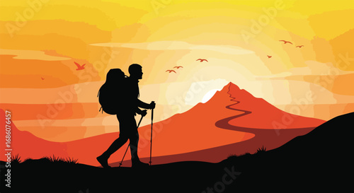 Silhouette of a determined hiker reaching the summit in the warm colors of dusk or dawn, challenging path to success and enjoying freedom outdoors