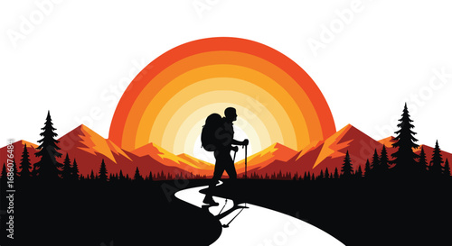 Silhouette of a hiker with backpack and trekking poles, crossing the mountains at sundown, with vivid colors and mountain landscape creating a