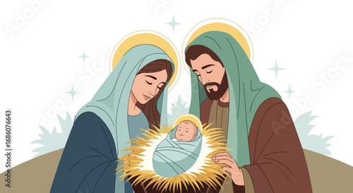 Blessed Nativity Illustration with Mary, Joseph and Baby Jesus in Manger, Vector Art Depicting Holy Family Scene, Celebration of Christmas Story