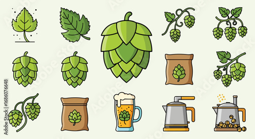 Hop Plant and Brewing Icons Collection: A Vibrant Vector Illustration of Beer Ingredients and Brewing Tools in a Flat Design Style