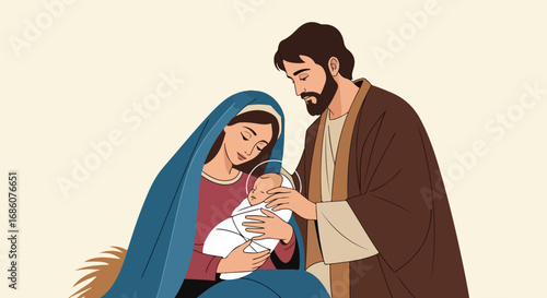Stylized illustration of the Nativity Scene depicting Mary, Joseph, and the newborn Jesus in a simple and elegant design portraying serene love
