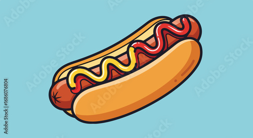 A cartoon illustration of a delicious hot dog with yellow mustard and red ketchup on a blue background