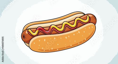 Whimsical Hotdog Delight: A Colorful Cartoon Illustration of a Classic Fast Food Treat with Mustard and Ketchup