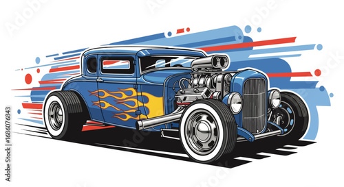 Retro automotive illustration, vibrant blue hot rod with flame detail and motion graphics backdrop capturing speed and style