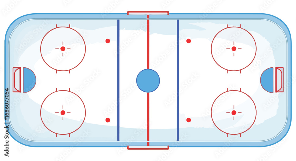 Naklejka premium Overhead view of a stylized ice hockey rink with blue and red markings for sports and recreation equipment display for game strategy
