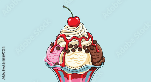 Whimsical ice cream sundae illustration with cherry on top against light blue background, evoking sweet joy and nostalgic dessert pleasure