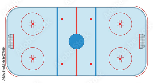 Top-Down View of a Stylized Ice Hockey Rink Illustration with Distinct Zones and Markings for Sports Design and Game Analysis