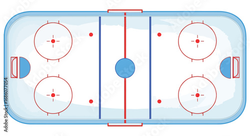 Overhead view of a stylized ice hockey rink with blue and red markings for sports and recreation equipment display for game strategy