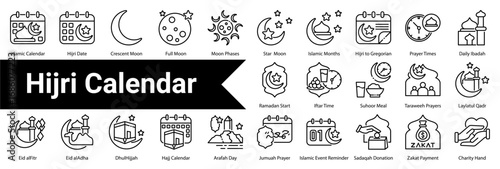 Hijri Calendar Icon Collection and Set Containing: Islamic Calendar  ,Hijri Date  ,Crescent Moon  ,Full Moon  ,Moon Phases  ,Star & Moon  ,Islamic Months  ,Hijri to Gregorian  ,Prayer Times 