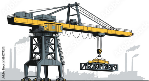 Stylized Illustration of a Harbor Crane Lifting a Load Against an Industrial Backdrop, evocative of bygone industrial era