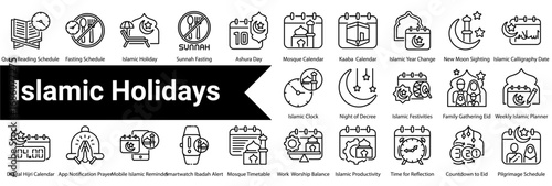 Islamic holidays Icon Collection and Set Containing: Islamic Calendar  ,Hijri Date  ,Crescent Moon  ,Full Moon  ,Moon Phases  ,Star & Moon  ,Islamic Months  ,Hijri to Gregorian  ,Prayer Times 