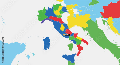 Vibrant depiction of the Italian geographical landscape with a clear emphasis on Rome, using distinctive hues to delineate regional borders and