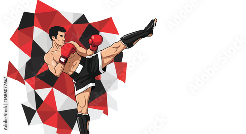 Dynamic Muay Thai Fighter Illustration Against Abstract Geometric Background Showcasing Power and Agility