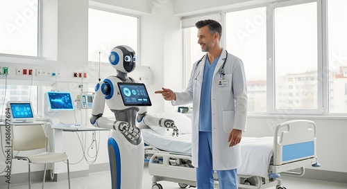 Male doctor collaborates with an advanced medical robot in a futuristic hospital ward