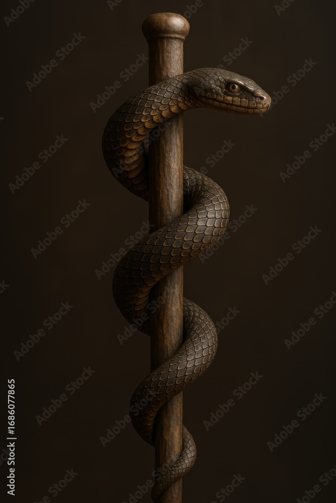 Fototapeta premium Serpentine Symbolism: An evocative image of a snake entwined around a staff in dark setting