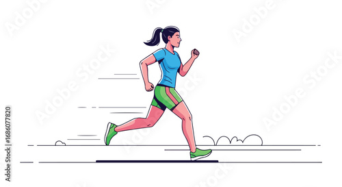 Dynamic Cartoon Illustration of a Woman Running, Showcasing Fitness and Speed with Motion Lines and Vibrant Colors in a Clean Minimalist Style