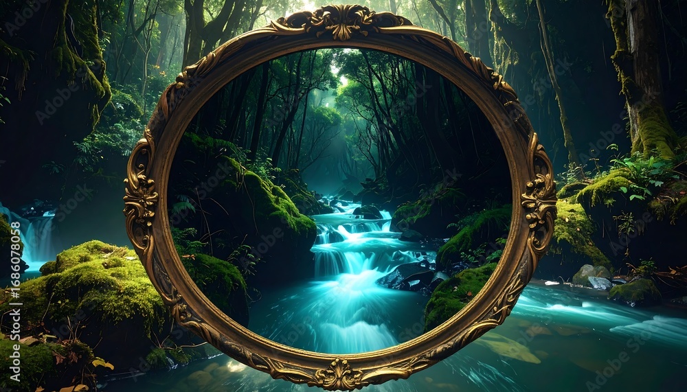 Obraz premium Mystic forest stream in ornate frame