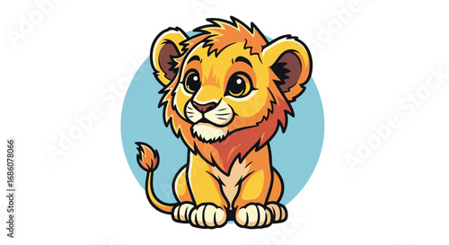 Whimsical lion cub illustration radiating childlike innocence and playful charm against pastel backdrop