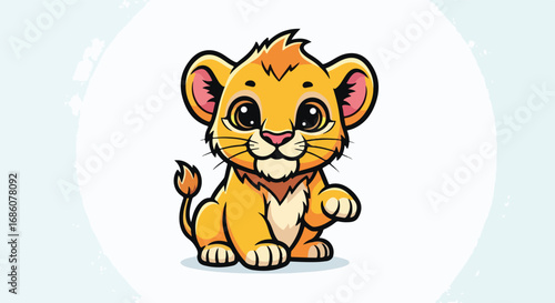 Adorable Lion Cub Cartoon Illustration with Expressive Eyes and Playful Paws on Clear Background