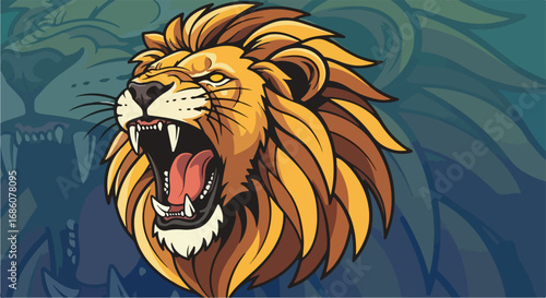 Majestic golden lion roaring with sharp teeth, representing power and leadership spirit against an abstract dark background