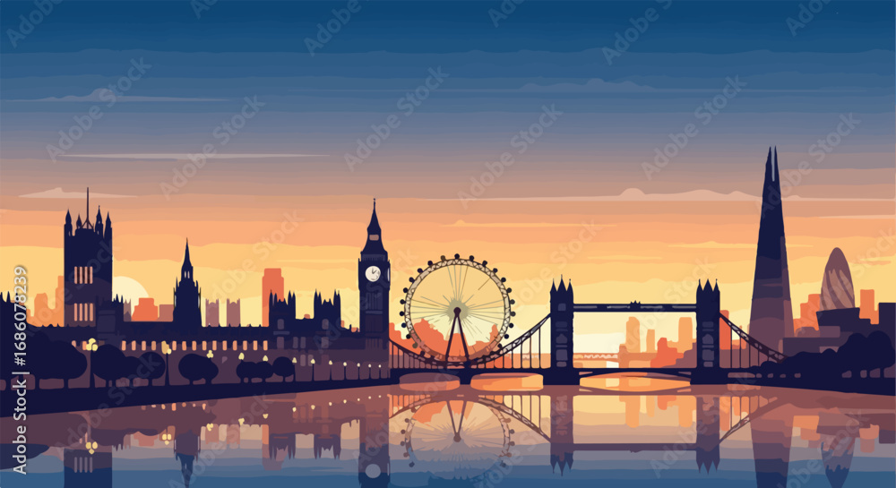 Naklejka premium London city skyline silhouette at sunset with golden sky reflecting in the water urban landscape illustration of iconic landmarks in silhouette