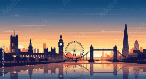 London city skyline silhouette at sunset with golden sky reflecting in the water urban landscape illustration of iconic landmarks in silhouette