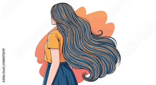 Serene illustration of a young woman with long flowing multicolored hair lost in her thoughts, evoking tranquility and introspection