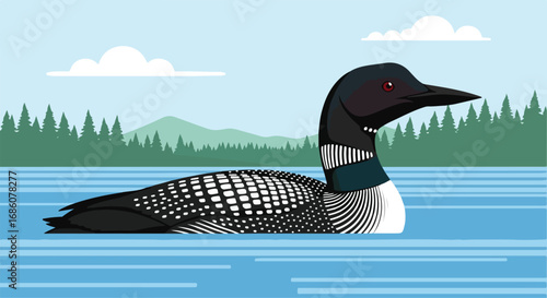 Tranquil Waters: A Loon's Serene Journey Across a Calm Lake Surrounded by Evergreen Forest Landscape