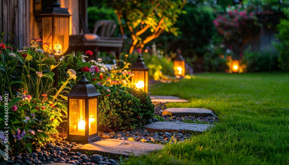 Obraz premium Cozy Garden Pathway with Lanterns Illuminating Nighttime Beauty