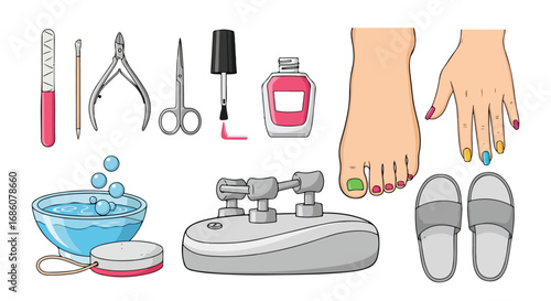 Diverse manicure and pedicure elements representing beauty, self-care, and pampering session showcasing nail art and essential tools for achieving