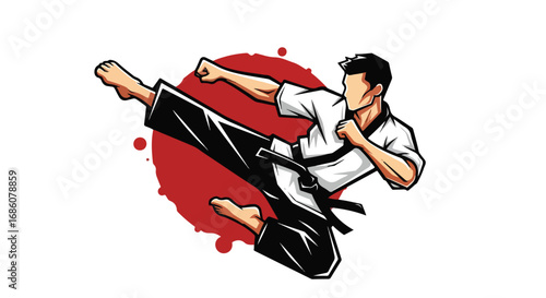 Dynamic martial artist performing flying kick with powerful red backdrop for intense action and motion illustration