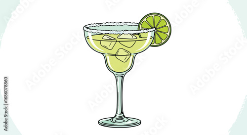 Elegant margarita illustration showcasing a refreshing cocktail with lime and salt rim against a simple backdrop