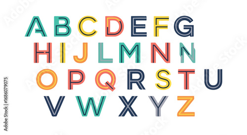Whimsical alphabet typography design with offset stroke and vibrant color palette on white background perfect for educational projects