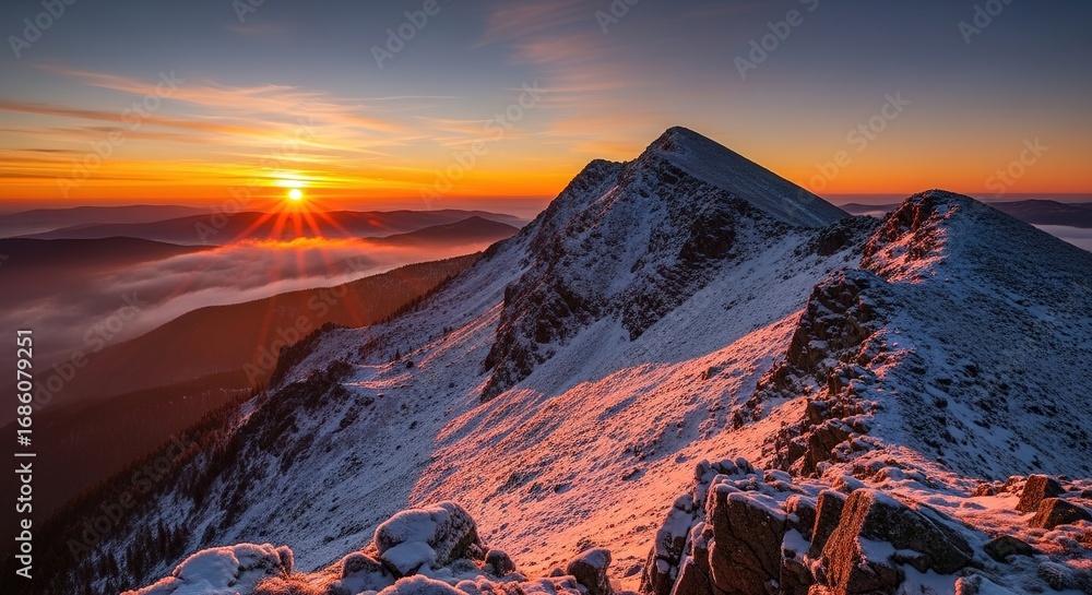 Obraz premium Majestic Mountain Peak Illuminated by a Fiery Sunset's Golden Gl