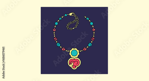 Colorful Beaded Necklace with Heart Pendant on Dark Blue Backdrop with a chain, providing fashion accessories design and retro charm and aesthetic