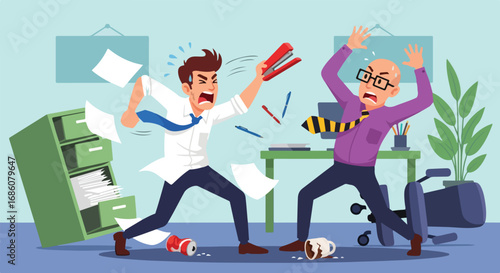 Office Mayhem: Depicting Workplace Conflict with Aggressive Outbursts and Chaotic Scene of Frustration and Disruption