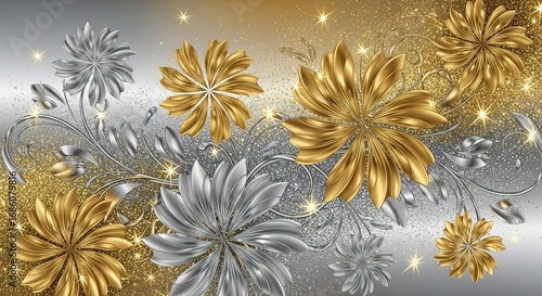 Metallic Floral Fantasy: Golden and Silver Blossoms with Sparkli